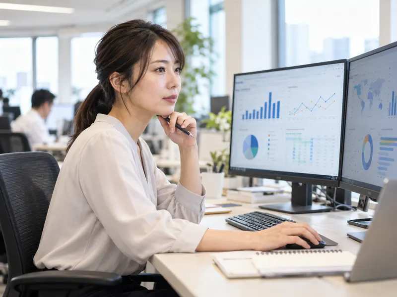 複数のモニターでデータダッシュボードを分析するデータアナリスト