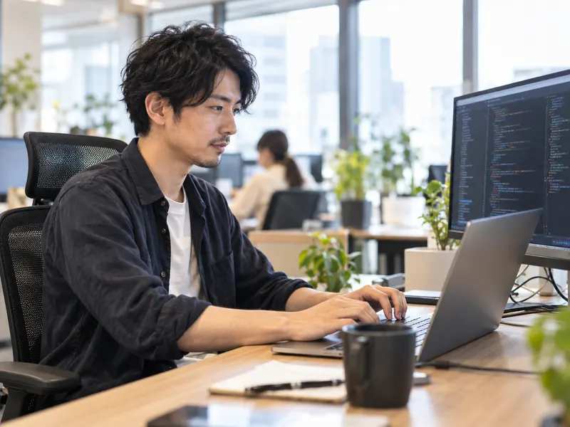 ノートパソコンでコードを書くフロントエンドエンジニアの職場風景