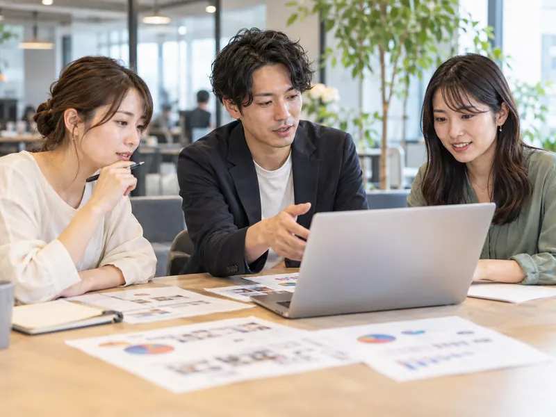 オフィスでチームとマーケティング施策を議論するビジネスパーソン